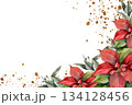 Christmas traditional festive banner with red poinsettia flowers and golden splash watercolor frame. Winter season and new year banner with red flowers for label,logo,greeting card design 134128456