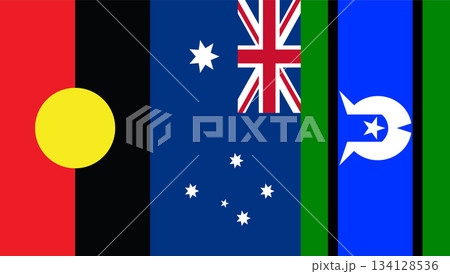 Australian National, Aboriginal, and Torres Strait Islander Flags Waving Together in Unity. 134128536
