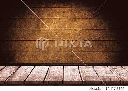 Flat design rustic wooden tabletop with panel wall being shown under spotlight, highlighting grain 134128551