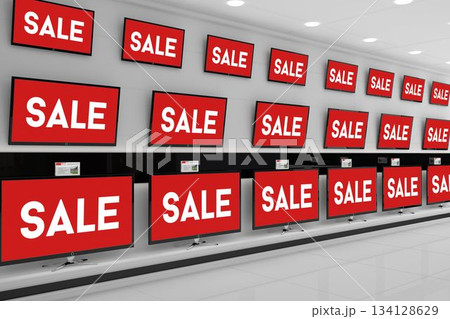 Flat design electronics showroom is showcasing grid of flat-screen TVs with red SALE signage 134128629