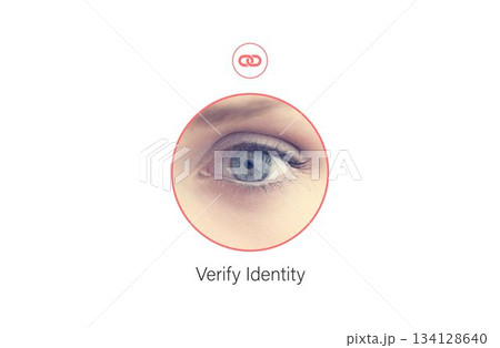 Biometric interface showing close-up eye in flat design, red chain-link icon, Verify Identity text Biometric interface showing close-up eye in flat design, red chain-link icon, Verify Identity text 134128640
