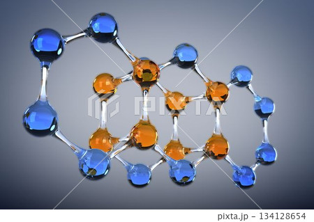 3D molecular model is floating on gray gradient backdrop and showing blue orange spheres with rods 134128654