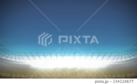 Stadium floodlights are being shown under curved metal truss against gradient sky in flat design Stadium floodlights are being shown under curved metal truss against gradient sky in flat design 134128677