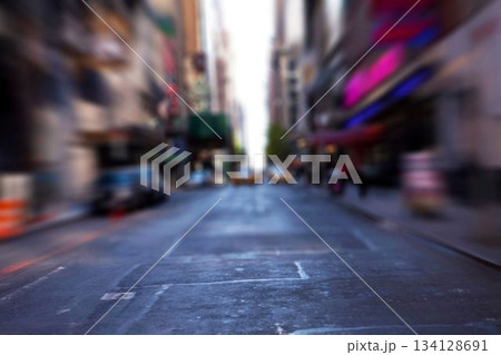 Flat design downtown street showing bright city road with faded crosswalks, parked cars and taxis 134128691