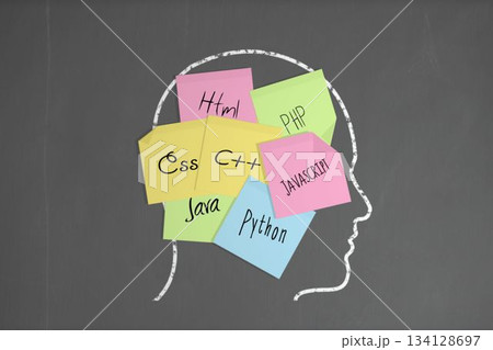 Chalk head with coding post it notes Chalk head with coding post it notes 134128697