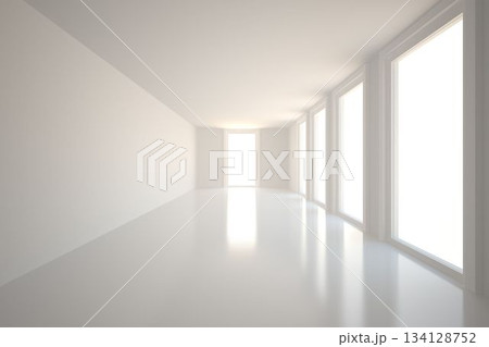Minimalist corridor interior is being shown in flat design, with reflective floor and tall windows Minimalist corridor interior is being shown in flat design, with reflective floor and tall windows 134128752