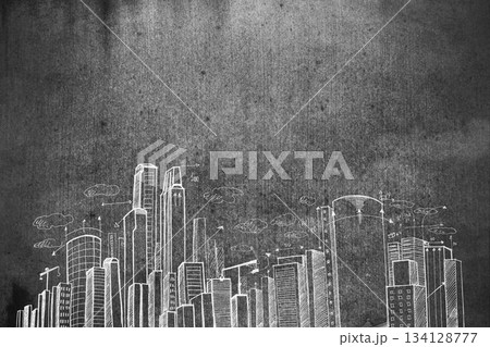 Chalk-style city skyline sketch is appearing on textured wall, with clouds, arrows, dimension lines 134128777
