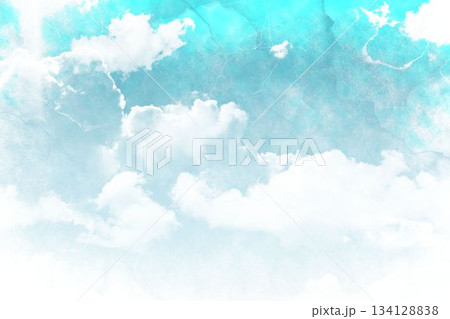 Painting watercolor sky shifting from deep aqua to light turquoise displaying soft white clouds Painting watercolor sky shifting from deep aqua to light turquoise displaying soft white clouds 134128838
