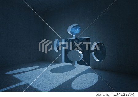Flat design puzzle piece portal is revealing star field within concrete room, casting round shadows 134128874