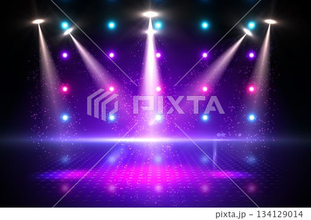 Flat design scene is showing empty stage with shiny floor reflecting spotlights and sparkle effects 134129014