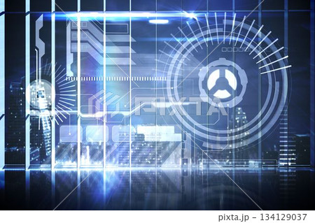 Hologram interface in office overlooking city 134129037