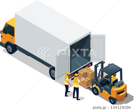 Forklift loading boxes into truck Forklift loading boxes into truck 134129200