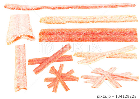sour strawberry candy belts isolated on white bakground sour strawberry candy belts isolated on white bakground 134129228