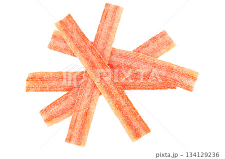 sour strawberry candy belts isolated on white bakground 134129236