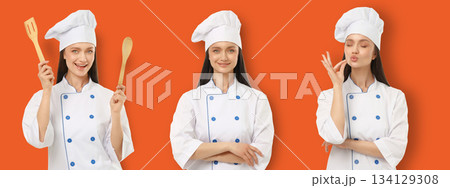 Set, Female chef poses showing excitement and satisfaction Set, Female chef poses showing excitement and satisfaction 134129308