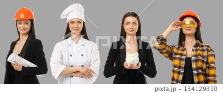 Set, A young woman presents various jobs in a simple backdrop Set, A young woman presents various jobs in a simple backdrop 134129310