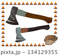 柄に木目と紐巻き柄入りの手斧（ハンドアックス）イラスト（焚き火、丸太、薪プチアイコン入り） 134129355