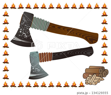 柄に木目と紐巻き柄入りの手斧（ハンドアックス）イラスト（焚き火、丸太、薪プチアイコン入り） 134129355