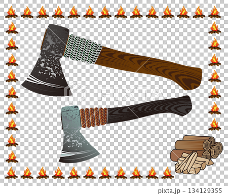 柄に木目と紐巻き柄入りの手斧（ハンドアックス）イラスト（焚き火、丸太、薪プチアイコン入り） 134129355