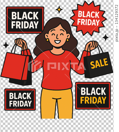 Girl Holding Shopping Bags with Black Friday Signs 134129372