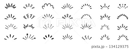 Hand drawn line art bursts with surprise rays and sparkles. Doodle hand drawn starburst icons shine bright. Surprise shapes for comic effects, manga splash, cartoon decorations. Vector 134129375