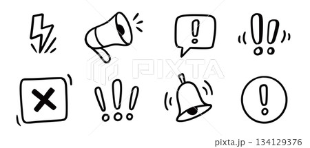 Doodle attention sign icon set. Hand drawn caution signs, warning marks and alert sketch symbols designed to exclamation sign, error or important attention icon doodle. Vector 134129376