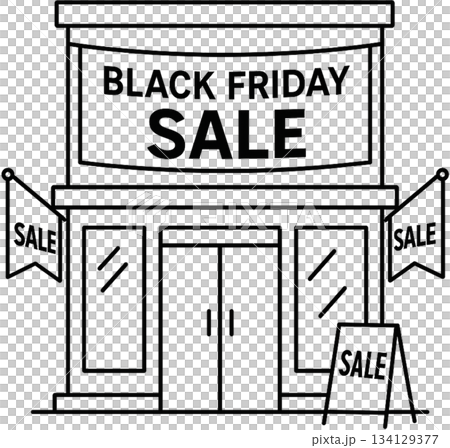 Storefront with Giant Sale Banners 134129377