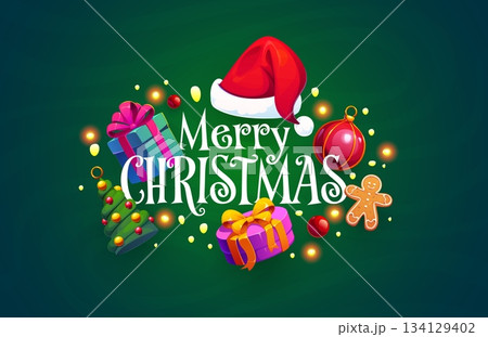 Merry Christmas holiday greeting card with baubles and gingerbread cookies, vector decorations. Christmas greetings for winter holiday with Santa hat, Xmas tree ornament and gift with magic sparkles 134129402
