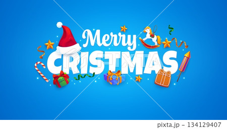 Merry Christmas greeting card with tinsel ribbons and Xmas tree decorations, vector banner. Christmas winter holiday greetings with Santa gifts, gingerbread cookie biscuits and petard fireworks 134129407