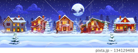Winter snowy night Christmas town, village and city neighborhood landscape vector background. Cartoon Christmas town street, cozy houses and snowy trees with Xmas lights, Santa in sleigh with gifts 134129408