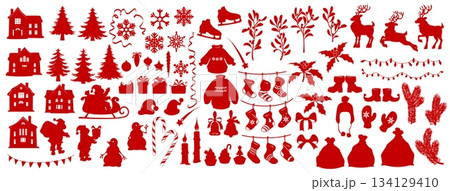 Christmas holiday silhouettes of vector Xmas tree, Santa and gift box, snowman, deer and elf. Snowflake, Christmas wreath, bow and ball, stocking sock, mistletoe, candy cane and sleigh red silhouettes 134129410