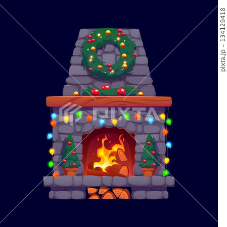Cartoon Christmas fireplace with wreath and Xmas lights decorations, vector hearth. Winter holiday fireplace with wood burning in fire, little Christmas trees with bauble ornaments for New Year Cartoon Christmas fireplace with wreath and Xmas lights decorations, vector hearth. Winter holiday fireplace with wood burning in fire, little Christmas trees with bauble ornaments for New Year 134129418