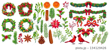 Christmas decorations of Xmas wreath, cardinal bird and mistletoe, cartoon vector icons. Christmas decorations of pine tree twigs and cones, poinsettia flowers, holly berry leaves, cinnamon, and anise Christmas decorations of Xmas wreath, cardinal bird and mistletoe, cartoon vector icons. Christmas decorations of pine tree twigs and cones, poinsettia flowers, holly berry leaves, cinnamon, and anise 134129426