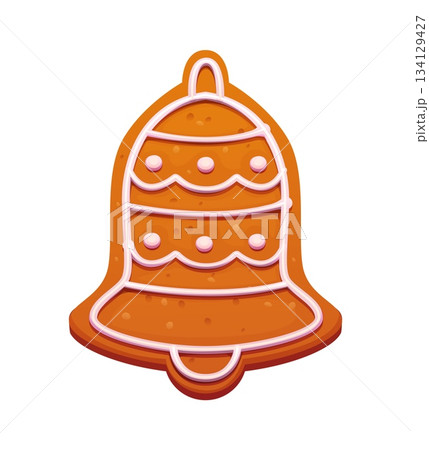 Cartoon Christmas gingerbread cookie or bell biscuit for winter holiday pastry, vector icon. Gingerbread cookie in shape of jingle bell with sweet icing glaze for Christmas and New Year decoration Cartoon Christmas gingerbread cookie or bell biscuit for winter holiday pastry, vector icon. Gingerbread cookie in shape of jingle bell with sweet icing glaze for Christmas and New Year decoration 134129427