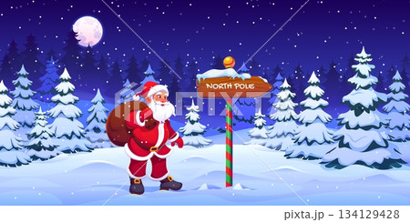 Cartoon Santa Claus near North Pole sign at winter Christmas forest, vector Xmas greeting card. Funny Santa character looking at North Pole arrow sign post with big gift bag at Christmas holiday night Cartoon Santa Claus near North Pole sign at winter Christmas forest, vector Xmas greeting card. Funny Santa character looking at North Pole arrow sign post with big gift bag at Christmas holiday night 134129428