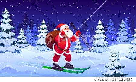 Cartoon Santa Claus goes skiing with sack of gifts at winter forest, vector Christmas holiday background. Funny Santa character delivering gifts through Xmas festive night snowy forest trees and snow 134129434