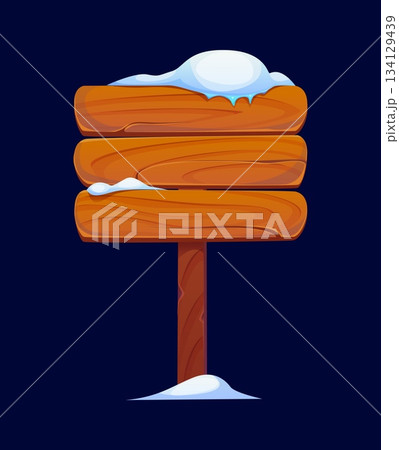 Wooden signboard in snow or rustic sign board to North Pole for winter holiday, cartoon vector. Signpost with wooden planks, direction or information sign board with snowcaps for Christmas signage 134129439
