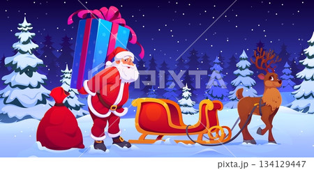 Santa Claus with reindeer, sleigh and big gift box at Christmas holiday night, vector greeting card. Cartoon Santa character loading Xmas present box in deer sleigh on snow meadow of Christmas forest 134129447
