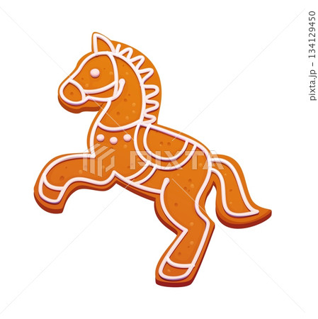 Christmas gingerbread horse cookie biscuit or winter holiday sweets, cartoon vector stallion. Traditional seasonal holiday baking biscuit cookie with icing decoration, Christmas gingerbread horse pony 134129450