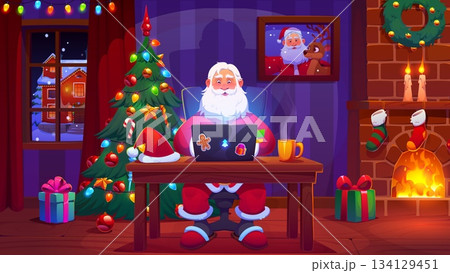 Cartoon Santa Claus with laptop computer in Christmas house interior with garland and fireplace, vector Xmas holiday. Happy Santa character sitting at desk and working on laptop, Christmas card 134129451