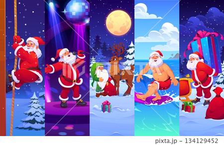 Cartoon Christmas Santa Claus characters in multiple holiday activities and poses. Vector Santa climbing rope, performing on nightclub, standing with reindeer, surfing, and carrying giant present 134129452