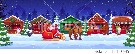 Christmas fair market stalls, Xmas holiday shops, winter festival bazaar at night village with snowy festive booths, Santa in sleigh with a deer, holiday lights, forest trees, animals, elves and gifts 134129456