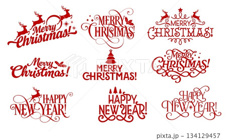 Merry Christmas and happy New Year lettering greetings, festive calligraphy font with swirls, reindeer and holiday symbols. Vector red typography, seasonal messages for winter celebration cards 134129457