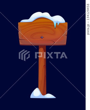 Signboard in snow for Christmas winter holiday or wooden sign to North Pole, cartoon vector. Rustic sign board pole with snow or snowy signpost and pointer sign billboard with icicles for Christmas 134129458