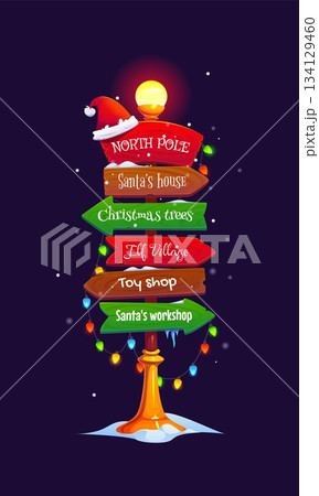 Cartoon Christmas North Pole sign or signboard for Xmas winter holiday, vector signage. Christmas signboard direction arrows to North Pole with Santa hat and decorated with Christmas lights string 134129460