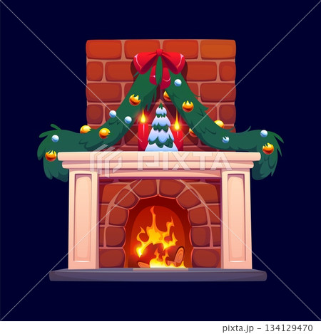 Cartoon Christmas fireplace decorated with wreath and bauble decorations, vector brick hearth. Winter holiday fireplace with burning fire, Christmas tree toy, candles and Xmas red ribbon for New Year Cartoon Christmas fireplace decorated with wreath and bauble decorations, vector brick hearth. Winter holiday fireplace with burning fire, Christmas tree toy, candles and Xmas red ribbon for New Year 134129470