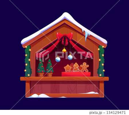 Christmas market stall booth or winter holiday shop kiosk of fair village, cartoon vector. Street market bazaar store or booth kiosk with snow on roof, Xmas tree decorations and gingerbread cookies 134129471