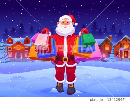 Cartoon Santa Claus character with shopping bags, Christmas sale season. Happy Santa vector personage standing on snowy street of Xmas winter holiday town with color paper shopping bags in his hands 134129474