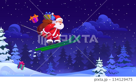 Santa Claus flying on ski with Christmas gift bag at Xmas winter holiday night forest vector background. Cartoon happy Santa skier character jumping off snow hill on ski with Christmas gift boxes 134129475