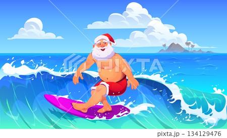 Summer surfing Santa with surfboard on beach, tropical Christmas holiday cartoon character catching waves in hawaiian paradise. Vector Xmas greeting card of Santa surfer with red shorts on surf board 134129476